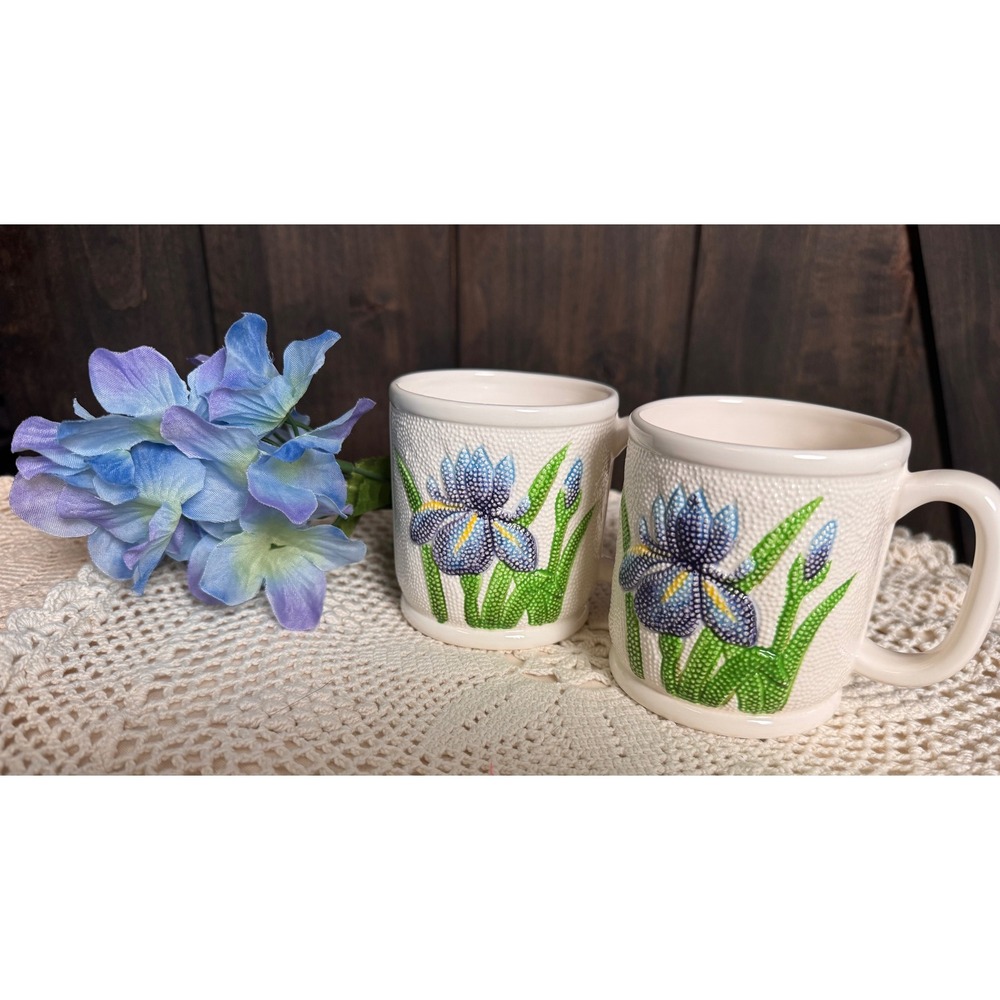 Vintage Otagiri Iris Floral Mugs Set of 2 Raised Relief Textured Stoneware Japan
